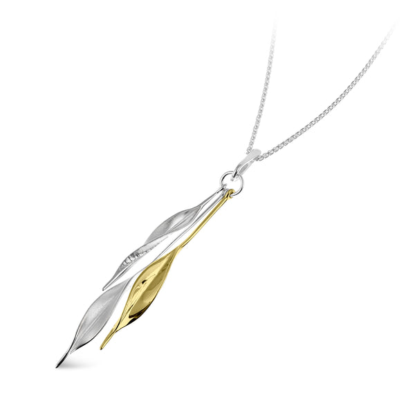 TPL Mavilo Triple Slim Leaf Pendant Silver and Yellow Gold