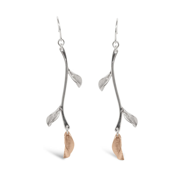 BHP Mavilo Stem Leaf Earrings Silver and Rose Gold
