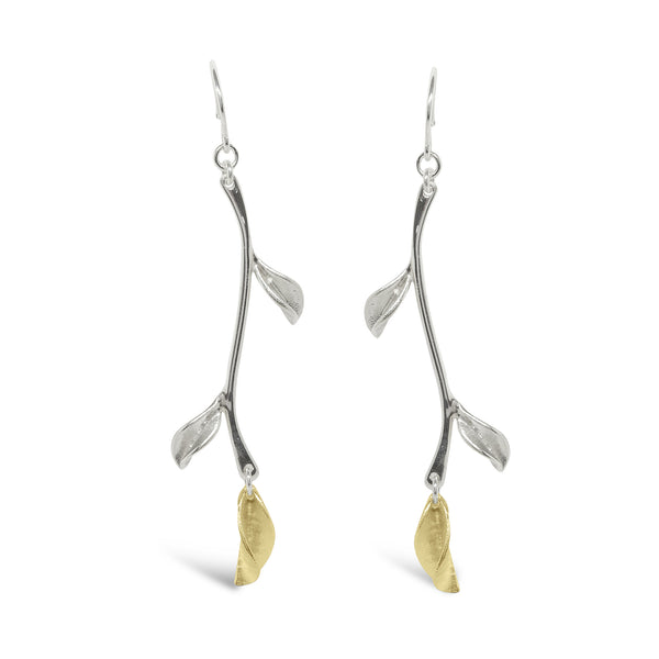 BHP Mavilo Stem Leaf Earrings Silver and Yellow Gold
