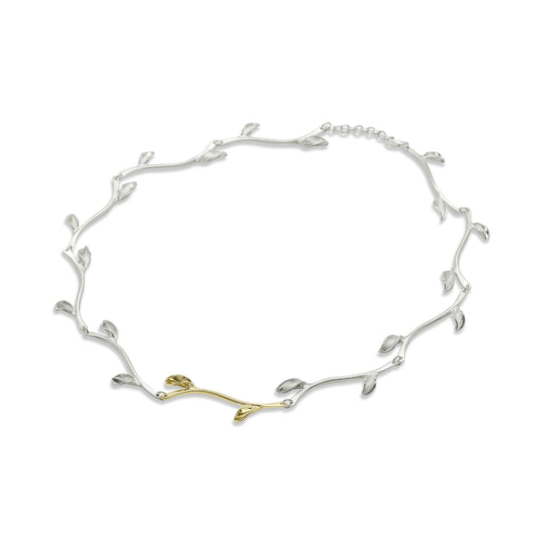 BN Mavilo Leaf Stem Necklace Silver and Yellow Gold