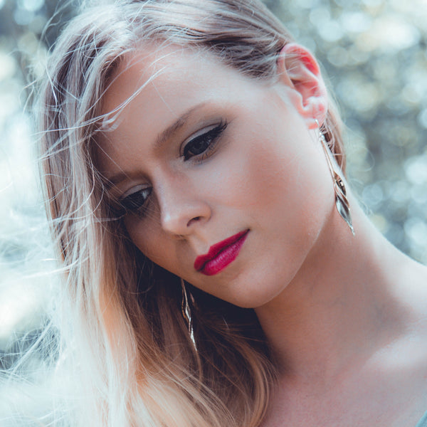 DLE Mavilo Double Leaf Long Drop Earrings Silver and Yellow Gold on Model