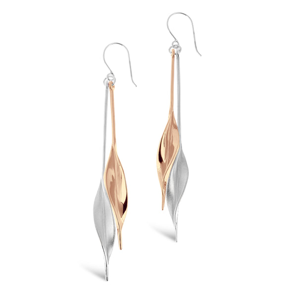 Mavilo Double Leaf Long Drop Earrings