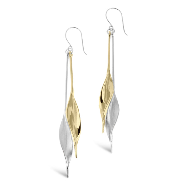 Mavilo Double Leaf Long Drop Earrings