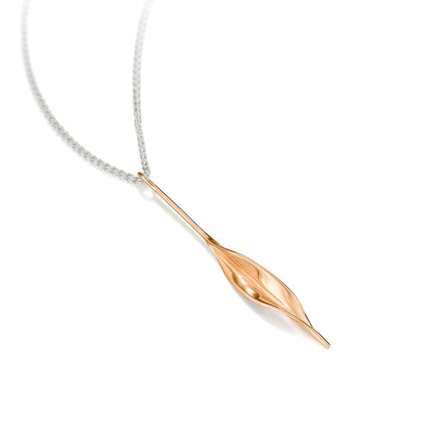 SLP2 Mavilo Slim Leaf Pendant Polished Rose Gold On Silver Chain