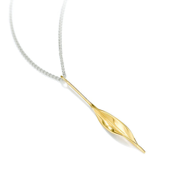 SLP2 Mavilo Slim Leaf Pendant Polished Yellow Gold On Silver Chain