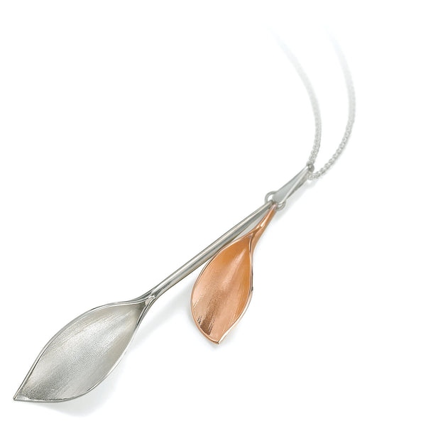 WDLP Lilium Long Double Calla Lily Pendant Silver and Rose Gold