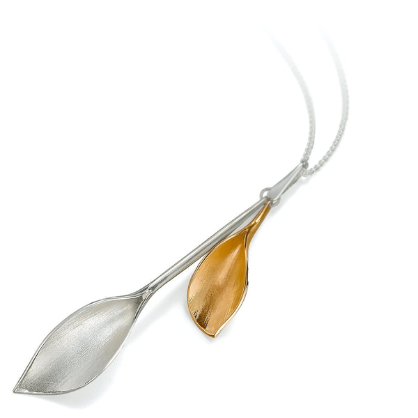 WDLP Lilium Long Double Calla Lily Pendant Silver and Yellow Gold