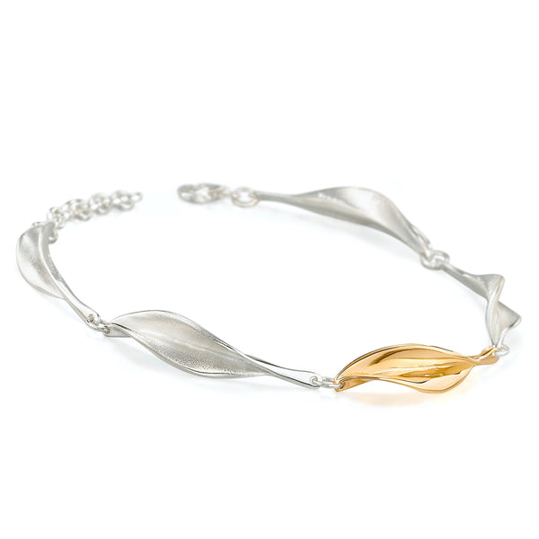SLB Mavilo Slim Twisted Leaf Bracelet Silver With Yellow Gold Link